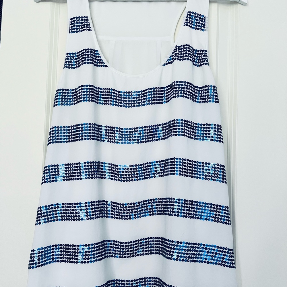 Banana Republic Sequin White and Blue Sleeveless Tank Top